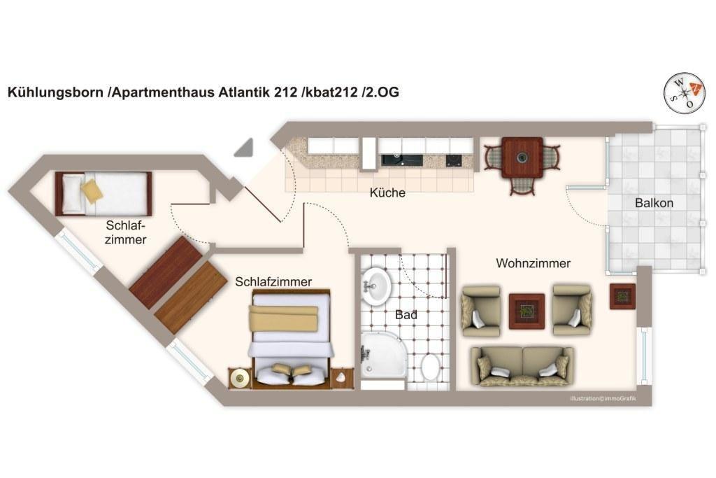 Apartment mit zwei Schlafzimmern, Küche, Bad und Wohnzimmer mit Balkon.