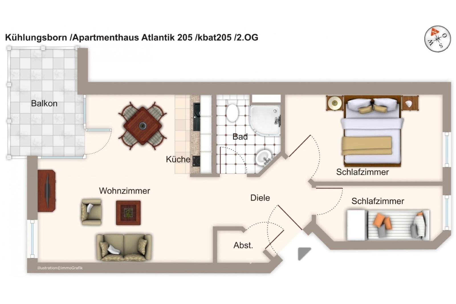 Das Apartment hat zwei Schlafzimmer, ein Bad, eine Küche und einen Balkon.