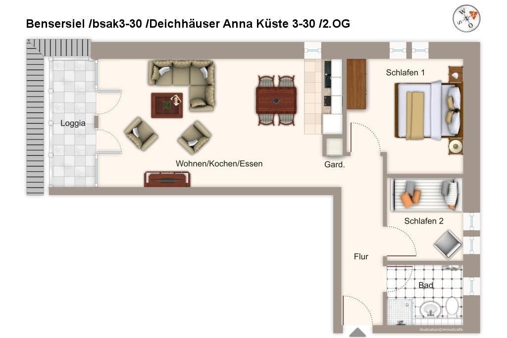 Wohnung mit zwei Schlafzimmern, Küche, Bad und Loggia im 2. Obergeschoss.