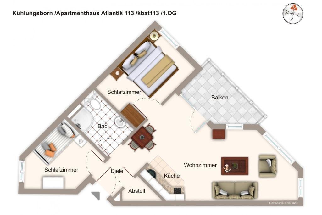 Wohnung mit zwei Schlafzimmern, Küche, Bad und Balkon. Wohnzimmer mit Sofa und Tisch.