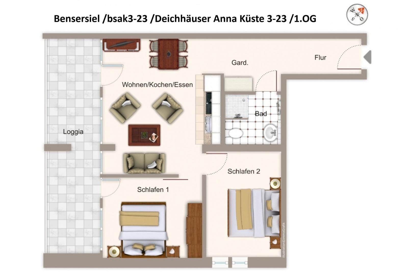 Wohnung mit zwei Schlafzimmern, Bad, Küche und Loggia. Flur und Garderobe vorhanden.