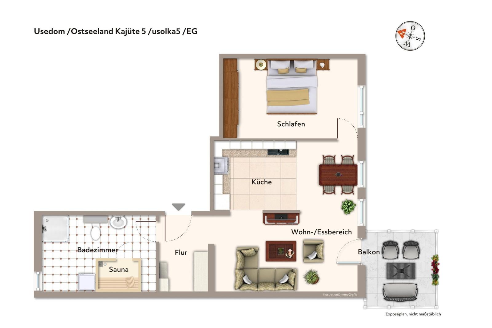 Kajüte mit Schlafzimmer, Küche, Wohnbereich, Bad und Sauna. Balkon mit Sitzgelegenheit.