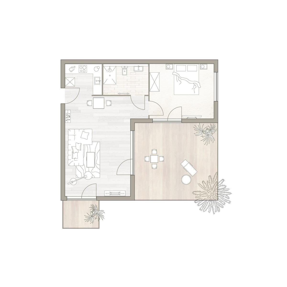 Ein Raumplan mit Küche, Bad, Schlafzimmer und Wohnbereich mit Essplatz.