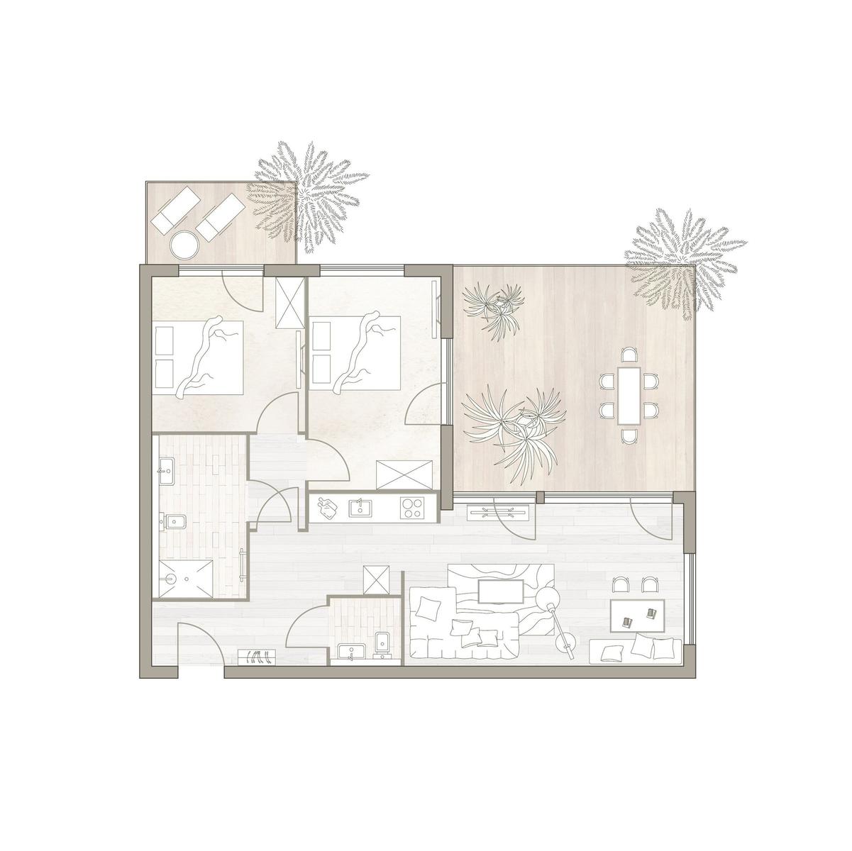 Dieses Haus bietet zwei Schlafzimmer, eine Küche, ein Wohnzimmer und eine Terrasse.