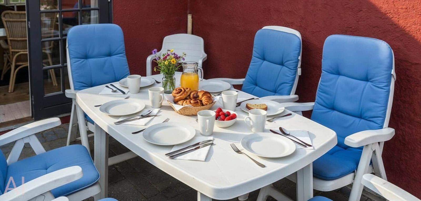 Rotes Ferienhaus mit Strohdach und Terrasse im Grünland