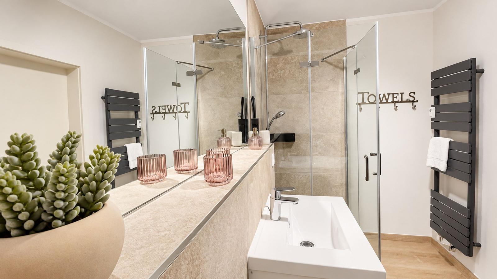 Apartment with bedroom, kitchen, living area, and bathroom