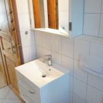 Badezimmer mit Waschbecken, Spiegelschrank und Toilette. Fliesenwand und Holztür.