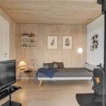 Ein Raum mit Bett, Kaminofen und Fernseher. Holzwände und -decke. Wandbilder und Beleuchtung.