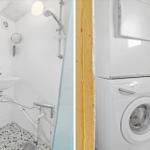 Badezimmer mit Dusche, Waschbecken und Toilette. Nebenraum mit Waschmaschine und Trockner.