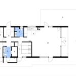 Wohnung mit zwei Schlafzimmern, Küche und Bad. Flur mit Treppe.