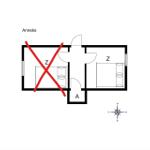 Gebäudeplan zeigt zwei Schlafzimmer, einen Anbau und eine markierte Fläche.