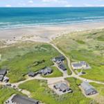 Häuser auf grünen Dünen neben Strand und Meer