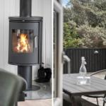 Innen: Holzofen mit brennendem Feuer. Außen: Terrasse mit Tisch, Stühlen und Blick auf Grünflächen.