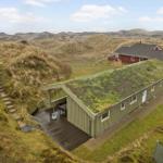House with green roof on dunes, terrace and parking space.