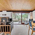 Wohn- und Essbereich mit Kamin, Holzdecke und Blick auf die Terrasse.