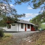 Ein weißes Haus mit roter Tür steht inmitten von Nadelbäumen.