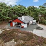 Einhaus mit Terrasse im Wald, umgeben von Nadelbäumen und Heide.