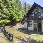 Haus mit Balkon, blauen Fenstern und Wald im Hintergrund.