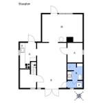 Stueplan zeigt Küche, Wohnbereich, Schlafzimmer und Bad.