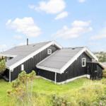 Schwarzes Holzhaus mit grauem Dach und weißem Putz, umgeben von Gras und Bäumen.