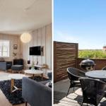 Living room with wooden walls and balcony with grill and seating group.