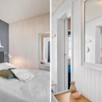 Bedroom with bed, wall cladding, and mirror. Hallway with mirror and vases.