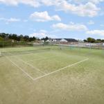 Green tennis court with net and fencing. Buildings and trees are visible in the background.