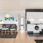 Living area with sofa, tables, and kitchen. White cabinets, washing machine, and black tiles.