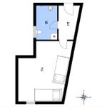 Zimmerplan zeigt Schlafzimmer, Bad und Wohnbereich mit Kompass.