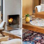 Ein Kamin mit brennendem Feuer und ein Wohnzimmer mit Couch und Tisch.