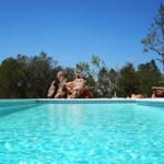 Pool mit blauem Rand und Steinformationen im Hintergrund.