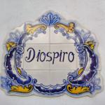 Keramik-Schild mit blau-gelbem Ornament und der Aufschrift Diospiro.
