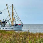 Fischerboot mit Masten und Flaggen liegt im Wasser vor Gras.