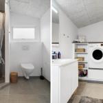 Badezimmer mit Dusche und Toilette. Nebenraum mit Waschmaschine und Trockner.