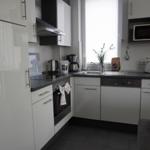 Küche mit Spüle, Dunstabzug, Mikrowelle und Toaster.