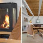 Kaminofen mit brennendem Holz. Wohnzimmer mit Sitzgruppe, Tisch und Holzbalkendecke.