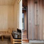 Sauna mit Holzbänken und Steinbad. Außen-Dusche an Holzwand.