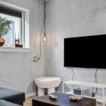 Wohnzimmer mit Fernseher, Fenster, Pflanze und Sitzgelegenheit.