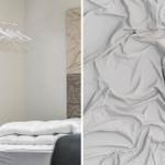 Bettkommode mit weißer Bettwäsche und Wandgarderobe