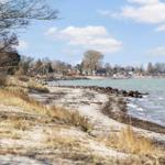 Strand mit Steinen und Bäumen, Blick auf Häuser am Wasser.