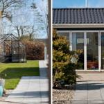 Garten mit Gewächshaus und Terrasse mit Sitzgelegenheiten. Modernes Haus mit Glasfront.