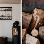 Kamin mit Holzstapel und Wandregal im Wohnbereich