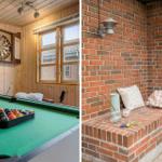 Room with pool table and dartboard. Outdoor area with brick fireplace and bench.