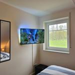 Schlafzimmer mit TV, Fenster und Spiegel an der Wand.