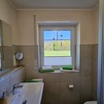 Badezimmer mit Waschbecken, Spiegel und Fenster mit Blick auf Grünfläche.