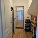 Flur mit Holzboden, Tür und Regal unter Dachschräge.