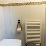 Badezimmer mit Toilette, Heizkörper und Toilettenpapierhalter.