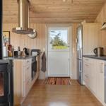 Küche mit Holzwand, Kaminofen und Küchenzeile