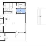 Wohnung mit Küche, Bad und Schlafbereich. Flur mit Türen zu allen Räumen.