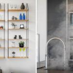 Wohnzimmer mit Regalen und moderne Küche mit Wasserhahn